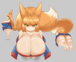 :3 absurd_res animal_humanoid asian_clothing bare_shoulders bedroom_eyes big_breasts breasts brown_hair brown_tail canid canid_humanoid canine canine_humanoid cleavage clothed clothing dipstick_tail ears_up east_asian_clothing female fox_humanoid green_eyes hair half-closed_eyes hi_res high-angle_view huge_breasts humanoid japanese_clothing kalmoire kimono long_hair low-angle_view mammal mammal_humanoid markings narrowed_eyes not_furry seductive short_stack side_view smile solo tail tail_markings thick_thighs tiptoes white_tail_tip wide_hips