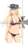 adapted_costume bikini bismarck_(kantai_collection) blonde_hair blue_eyes german hat highres iron_cross kantai_collection long_hair osterei peaked_cap solo standing swimsuit translated 
