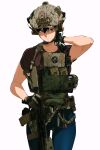  1girl absurdres ammunition_pouch arm_up assault_rifle black_hair blue_eyes blue_pants brown_shirt camouflage camouflage_headwear cowboy_shot desert_camouflage digital_camouflage ear_protection gloves gun gun_sling hair_between_eyes hand_on_own_neck helmet highres load_bearing_vest looking_at_viewer m4_carbine magazine_(weapon) mole mole_under_mouth original pants parted_lips pen_guin15 pouch rifle shirt short_hair short_sleeves simple_background solo tactical_clothes watch weapon white_background wristwatch 