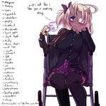  ahoge asymmetrical_breasts black_legwear blonde_hair blue_eyes blush bow breasts chin_rest commentary cup cyborg dark_skin english erection erection_under_clothes eyepatch futanari glasses hair_bow heart heart-shaped_pupils horns huge_ahoge large_breasts looking_at_viewer maullarmaullar mechanical_arm mug mug_writing one_side_up original plaid plaid_skirt prosthesis prosthetic_arm semi-rimless_eyewear sharp_teeth sitting skirt solo speech_bubble symbol-shaped_pupils teeth text_focus thighhighs too_many tsundere ultimate_moe under-rim_eyewear wheelchair wide_hips 