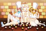  baking blonde_hair breasts cake chef_hat chef_uniform cooking food hat headphones highres huge_breasts large_breasts long_hair looking_at_viewer mascot multiple_girls nitroplus open_mouth orange_eyes pink_hair short_hair smile super_pochaco super_sonico tsuji_santa twintails 