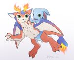anthro blue_body claws dragon duo feet fire fishy_fizz fizz_(lol) flaming_horn flaming_tail green_eyes hi_res league_of_legends male male/male marine nude paws red_body riding riot_games simple_background smile smolder_(lol) tail toes wings