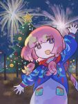  1girl arm_up blue_eyes blue_jacket christmas christmas_tree commentary_request cowboy_shot dody31776243 dress fireworks hair_over_shoulder hair_tubes highres hood hood_down hooded_jacket jacket kaf_(kamitsubaki_studio) kamitsubaki_studio light_blush long_sleeves looking_at_viewer low_twintails multicolored_eyes night open_mouth outdoors pink_hair puffy_long_sleeves puffy_sleeves red_eyes smile solo standing string_of_light_bulbs twintails virtual_youtuber waving white_dress yellow_pupils 