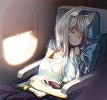  aircraft airplane airplane_interior animal_ears bad_id bad_pixiv_id book closed_eyes glasses hong_(white_spider) long_hair original pillow rimless_eyewear silver_hair sitting sleeping sleeping_upright solo wolf_ears 