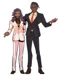  2boys :d alternate_costume black_footwear black_hair braid brown_footwear collared_shirt commentary_request highres jacket leon_(pokemon) long_sleeves male_focus multiple_boys necktie open_mouth orange_necktie pants pokemon pokemon_swsh purple_hair raihan_(pokemon) red_necktie redlhzz shirt shoes simple_background smile standing teeth undercut white_background white_jacket white_pants 