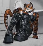 2024 absurd_res angusburgers anthro armwear boots clothing collar felid fishnet fishnet_armwear footwear fur goth hi_res male mammal orange_body orange_fur pantherine platform_boots platform_footwear sitting sitting_on_ground solo spiked_boots spiked_clothing spiked_collar spiked_footwear spikes striped_body striped_fur stripes tiger