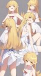  1girl absurdres blonde_hair blush_stickers breasts closed_mouth clothes_lift commentary_request crossed_arms dress fang feishi grey_background halterneck highres long_hair looking_at_viewer looking_back monogatari_(series) multiple_views open_mouth oshino_shinobu pointy_ears simple_background skin_fang skirt skirt_lift small_breasts tongue tongue_out white_dress yellow_eyes 