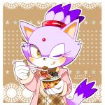  1girl animal_ears blaze_the_cat cat_ears cat_girl cat_tail food forehead_jewel furry furry_female gloves holding holding_food holding_ice_cream holding_spoon ice_cream ice_cream_cup kusunoki_cherry looking_at_viewer one_eye_closed ponytail smile sonic_(series) spoon tail white_gloves yellow_eyes 