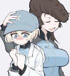  2girls baseball_cap blue_eyes blue_headwear blue_jacket brown_hair closed_mouth coat comforting commentary crying crying_with_eyes_open frown girls_und_panzer grey_background hand_on_another&#039;s_head hat hood hood_down hooded_coat jacket keizoku_military_uniform long_hair long_sleeves military_uniform multiple_girls nuka_cola06 open_clothes open_coat open_mouth pompadour raglan_sleeves short_hair simple_background smile tears track_jacket uniform white_coat white_hair youko_(girls_und_panzer) yuri_(girls_und_panzer) 