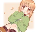  bad_id bad_pixiv_id bangs blunt_bangs blush braid brown_eyes brown_hair clenched_hands french_braid green_sweater hand_on_own_chest hand_to_own_mouth iwaoka_(sikabanenomiti_park) knees knees_together sidelocks sleeves_past_wrists solo sweater tears tokyo_7th_sisters tsunomori_rona 