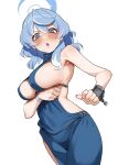  1girl ako_(blue_archive) ako_(dress)_(blue_archive) armpits blue_archive blue_dress blue_eyes blue_hair blue_halo blush breasts chain cuffs dress hair_between_eyes halo handcuffs highres large_breasts long_hair looking_at_viewer mm_(mm_chair) open_mouth sideboob simple_background sleeveless sleeveless_dress solo white_background 