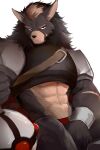 anthro armor belt bottomwear canid canine cape clothing fur general_li hair male mammal midriff pants pleasant_goat_and_big_big_wolf shabi96522 simple_background solo unconvincing_armor white_background
