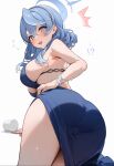  !? 1girl absurdres ako_(dress)_(blue_archive) ass blue_archive blue_dress blue_eyes blue_hair blue_halo blush breasts dress flying_sweatdrops halo hashtag_only_commentary highres large_breasts looking_at_viewer looking_back open_mouth plunging_neckline solo zishudongmao 
