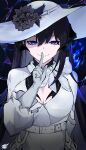  1girl absurdres belt black_hair breasts cleavage commentary_request constance_(honkai:_star_rail) dress finger_to_mouth gloves grey_gloves hand_up highres honkai:_star_rail honkai_(series) index_finger_raised long_hair looking_at_viewer purple_eyes smile solo toxi upper_body white_belt white_dress white_headwear 