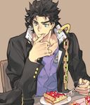  black_hair chain chair cherry_pie finger_to_mouth food fork gakuran green_eyes hat hat_removed headwear_removed jojo_no_kimyou_na_bouken kuujou_joutarou male_focus pie plate purple_shirt school_uniform shirt solo tongue tongue_out toujou_sakana 