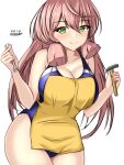  1girl akashi_(kancolle) apron blue_one-piece_swimsuit blush breasts competition_swimsuit covered_navel cowboy_shot green_eyes hair_between_eyes hair_ribbon hammer highleg highleg_swimsuit highres holding holding_hammer holding_wrench kantai_collection large_breasts long_hair looking_at_viewer montemasa multicolored_clothes multicolored_swimsuit one-piece_swimsuit pink_hair ribbon simple_background smile solo swimsuit tress_ribbon twitter_username two-tone_swimsuit white_background wrench 