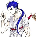  bad_id bad_pixiv_id blue_hair fate/hollow_ataraxia fate/stay_night fate_(series) gae_bolg lancer long_hair male_focus pectorals polearm ponytail red_eyes rei_no_himo solo spear syuhei210 weapon 