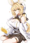  1girl absurdres animal_ears arknights asymmetrical_gloves beret blonde_hair breasts cleavage cleavage_cutout clothing_cutout coat dorothy_(arknights) fingerless_gloves gloves hat heart highres large_breasts long_hair low_ponytail maiq06 mismatched_gloves sitting smile white_coat yellow_eyes yellow_gloves yokozuwari 