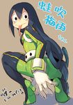  :&gt; asui_tsuyu belt black_eyes black_hair bodysuit boku_no_hero_academia character_name copyright_name eyelashes from_behind gloves green_bodysuit hair_rings katou_itsuwa long_hair long_tongue looking_back low-tied_long_hair solo tongue tongue_out webbed_feet white_gloves 