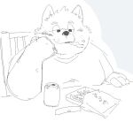 2024 anthro biped can canid canine canis chair clothing container domestic_dog food fugashi4090 furniture humanoid_hands kemono male mammal shirt sitting sketch slightly_chubby solo topwear