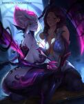  2girls araneesama ass bare_shoulders bodysuit breasts cleavage collarbone colored_skin evelynn_(league_of_legends) facial_mark from_side grey_bodysuit grey_hair grin highres kai&#039;sa large_breasts league_of_legends long_hair looking_at_viewer medium_hair multiple_girls parted_bangs pink_thighhighs purple_hair purple_thighhighs smile teeth thighhighs thighs web_address whisker_markings 