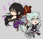  2boys androgynous blue_hair border cone_hair_bun crop_top dancer diamond_cutout drill_hair fire_emblem fire_emblem_engage folded_twintails hair_bun hair_horns halloween_costume knee_guards light_blue_hair lowres multiple_boys otoko_no_ko pants purple_border purple_pants rosado_(fire_emblem) seadall_(fire_emblem) taiwonton 