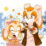  2girls animal_ears bow brown_eyes closed_eyes cream_the_rabbit furry furry_female holding holding_clothes holding_scarf kusunoki_cherry multiple_girls pink_sweater rabbit_ears rabbit_girl rabbit_tail scarf smile snowflake_background sonic_(series) star_(symbol) sweater tail vanilla_the_rabbit winter winter_clothes 