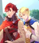  2boys alfred_(fire_emblem) ascot blue_cape cape diamant_(fire_emblem) fire_emblem fire_emblem_engage high_collar male_focus multiple_boys prince red_cape red_eyes red_hair riou_(pooh920) yellow_ascot 