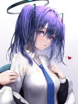  1girl blue_archive breasts closed_mouth collared_shirt hair_between_eyes heart highres jacket large_breasts long_hair long_sleeves looking_at_viewer purple_eyes purple_hair shirt solo spoken_heart suang two-sided_fabric two-sided_jacket two_side_up upper_body white_jacket white_shirt yuuka_(blue_archive) 