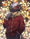 2021 anthro black_body black_fur blush canid canine canis christmas_lights cold domestic_dog fur hair hi_res lifewonders looking_at_viewer male mammal overcoat ponzu_tas scar scarf solo tadatomo tokyo_afterschool_summoners white_hair