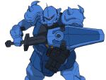 arm_mounted_weapon drawing_sword gouf_custom gundam highres holding holding_sword holding_weapon looking_at_viewer mecha mecha_kaku_man mobile_suit mono-eye no_humans robot science_fiction shield simple_background standing sword weapon white_background zeon 