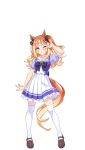  1girl animal_ears blue_eyes blush breasts character_request collarbone espoir_city_(umamusume) fingernails full_body hair_between_eyes hair_ornament highres horse_ears horse_girl horse_tail official_art open_mouth orange_hair solo standing tail thighhighs transparent_background umamusume v 