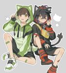  2boys animal_hood bandaid bandaid_on_leg black_gloves black_hair black_shorts blush brown_eyes brown_hair claw_pose closed_mouth drawstring fake_tail fingerless_gloves florian_(pokemon) gloves grey_background hair_between_eyes hood hood_up hooded_jacket hoodie jacket kieran_(pokemon) long_sleeves looking_at_viewer male_focus meno_oku mole mole_on_neck multicolored_hair multiple_boys open_mouth paw_print pokemon pokemon_sv purple_hair shoes shorts simple_background sneakers tail yellow_eyes 