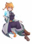  1girl alternate_costume animal_ears braid cat_ears cat_girl cat_tail commission facepaint fang fire_emblem fire_emblem:_path_of_radiance fire_emblem:_radiant_dawn gem highres ice lyre_(fire_emblem) messy_hair open_mouth orange_hair purple_eyes sitting smile solo tail white_background witchi 
