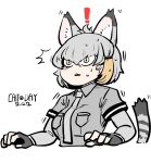  1girl :&lt; animal_ears blonde_hair blush cat_day cat_ears cat_girl cat_tail collared_shirt elbow_gloves extra_ears fingerless_gloves gloves grey_gloves grey_hair grey_necktie grey_shirt hair_between_eyes highres john_(a2556349) kemono_friends kemonomimi_mode necktie shirt shoebill_(kemono_friends) short_hair short_sleeves sidelocks solo sweatdrop t-shirt tail upper_body yellow_eyes 