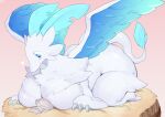 &lt;3 absurd_res ambiguous_gender blue_eyes blush breasts buta99 duo female feral fur hi_res human mammal pal_(species) palworld pocketpair quadruped quivern smile white_body white_fur wings