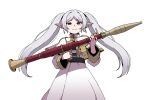  1girl capelet dress elf frieren from_below green_eyes highres holding holding_weapon karepack long_hair looking_at_viewer pointy_ears rocket_launcher rpg-7 rpg_(weapon) simple_background smug solo sousou_no_frieren twintails weapon white_background white_capelet white_dress white_hair 