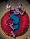 abs absurd_res anthro bed beerus deity domestic_cat dragon_ball dragon_ball_super eating energy felid feline felis food furniture gold_(metal) gold_jewelry hairless hairless_cat hi_res immelmann jewelry looking_at_viewer magic male mammal muscular pawpads paws purple_body solo sphynx_(cat)