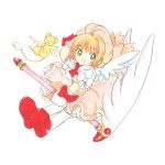  1girl cardcaptor_sakura child clamp_(circle) gloves green_eyes highres kero kinomoto_sakura official_art open_mouth pink_headwear red_footwear short_hair simple_background solo white_background white_gloves wings 