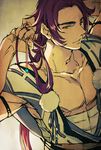  adjusting_hair male_focus nishi_juuji pom_pom_(clothes) red_eyes red_hair sarashi solo tonbokiri_(touken_ranbu) touken_ranbu tying_hair 