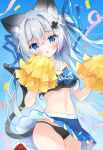  1girl :o animal_ear_fluff animal_ears black_hair black_panties blue_eyes blue_ribbon blush breasts cat_ears cat_girl cat_tail cheerleader confetti grey_hair hair_between_eyes hair_intakes hair_ribbon highres looking_at_viewer medium_breasts midriff multicolored_hair navel original panties pleated_skirt pom_pom_(cheerleading) ribbon skirt solo tail underwear yukine 