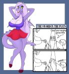 absurd_res anthro arthur_pendragon bottomwear breasts clothing comic dragon english_text female green_eyes group hair hi_res human madam_mim male mammal merlin monochrome mythological_creature mythological_scalie mythology purple_body purple_hair scalie shirt skirt smile tail text the_sword_in_the_stone topwear trio urusee584