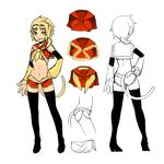  ascot black_legwear blonde_hair boots character_sheet detached_sleeves facing_away fang fur_trim genderswap journey_to_the_west midriff monkey_tail navel open_mouth otosama short_ponytail short_shorts shorts sun_wukong tail thigh_boots thighhighs yellow_eyes 