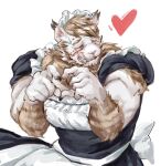  1boy animal_ears bara beard cat_boy cat_ears closed_eyes cowboy_shot crossdressing facial_hair facing_to_the_side fang fang_out final_fantasy final_fantasy_xiv full_beard furry furry_male heart heart_hands hrothgar large_pectorals maid male_focus male_maid mayatwodee muscular muscular_male pectorals short_hair solo standing warrior_of_light_(ff14) 