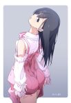  1girl black_hair blue_eyes commentary_request dated detached_sleeves from_behind gradient_background grey_background highres long_hair looking_at_viewer looking_back monai-chan_(nii_manabu) nii_manabu original overalls pink_overalls shirt signature solo thighs two-tone_background white_background white_shirt white_sleeves 