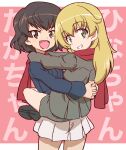  2girls anzio_military_uniform arms_around_back arms_around_neck blonde_hair brown_eyes brown_hair caesar_(girls_und_panzer) carpaccio_(girls_und_panzer) carrying carrying_person commentary erakin girls_und_panzer green_eyes highres hug long_hair looking_at_viewer matching_accessory multiple_girls ooarai_military_uniform open_mouth red_scarf scarf short_hair simple_background smile teeth text_background 