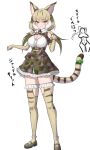  1girl absurdres animal_ears belt camouflage cat_ears cat_girl cat_tail elbow_gloves extra_ears fingerless_gloves gakukuru gloves green_eyes grey_hair highres jacket jungle_cat_(kemono_friends) kemono_friends kemono_friends_v_project long_hair looking_at_viewer microphone ribbon shirt shoes simple_background skirt solo tail thighhighs twintails virtual_youtuber 