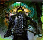  1boy armor belt black_gloves black_jacket bug caiman_(dorohedoro) ceiling_light chain-link_fence dorohedoro dual_wielding facing_away fence from_behind gloves highres holding holding_knife jacket knife lamp lizardman long_sleeves looking_at_viewer male_focus nano_(c175311) ofuda photo_(object) reptile_boy reverse_grip roots signature solo spikes tentacles unworn_gloves upper_body 