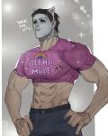  1boy abs absurdres animal_ears animal_print bara cat_day cat_ears cat_print clothes_writing cowboy_shot cropped_shirt dead_by_daylight english_text fabulous fake_animal_ears highres large_pectorals looking_ahead male_focus mask michael_myers muscular muscular_male navel necrocto pants pectorals pink_shirt print_shirt rainbow_print shirt short_hair solo sparkling_aura standing stomach veins veiny_arms 