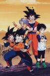  1girl 4boys black_hair blue_eyes brothers dragon_ball dragon_ball_z father_and_son fingerless_gloves friends gloves green_footwear highres holding multiple_boys official_art one_eye_closed open_mouth orange_footwear short_hair siblings smile son_gohan son_goku son_goten teeth trunks_(dragon_ball) upper_teeth_only v 